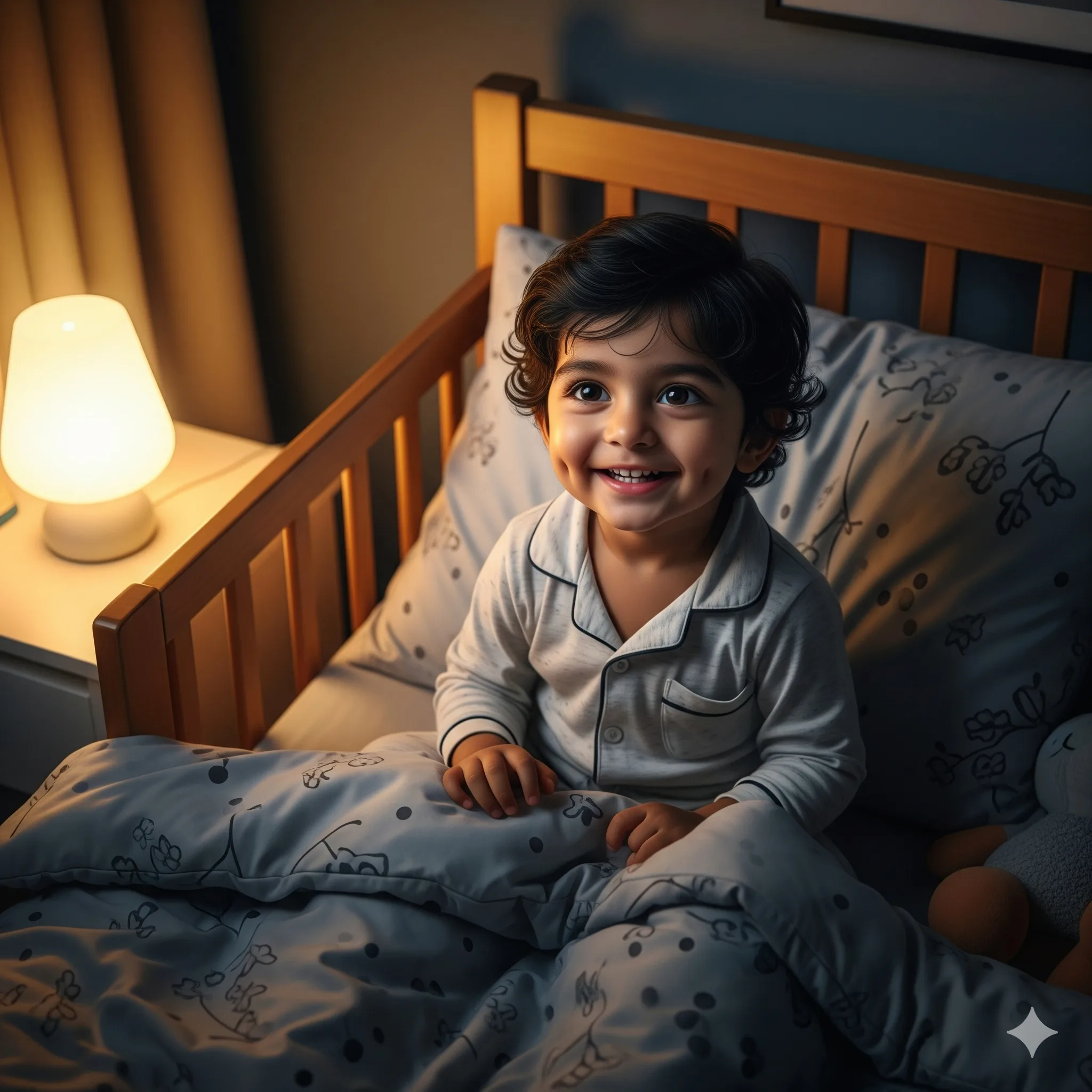 A happy child sleeping peacefully in bed at night under soft lamp light during sleep regression.