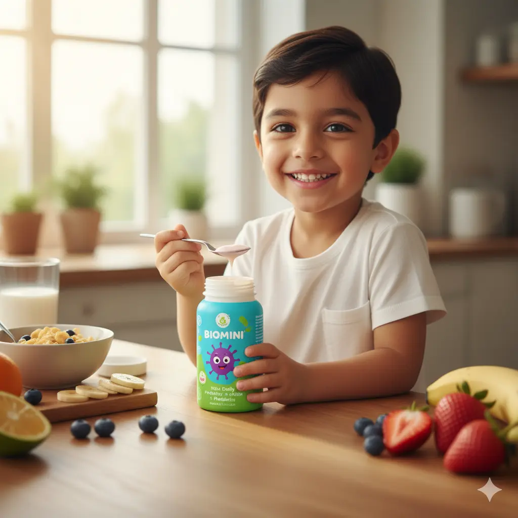 A joyful young boy, smiling at the camera, holds a light blue bottle of "BIOMINI" branded commercial probiotic with one hand and a spoon with a pink substance (likely the probiotic) in the other. He is seated at a wooden kitchen counter with a bowl of cereal, a glass of milk, and fresh fruits like blueberries, strawberries, and bananas, suggesting a healthy breakfast setting.