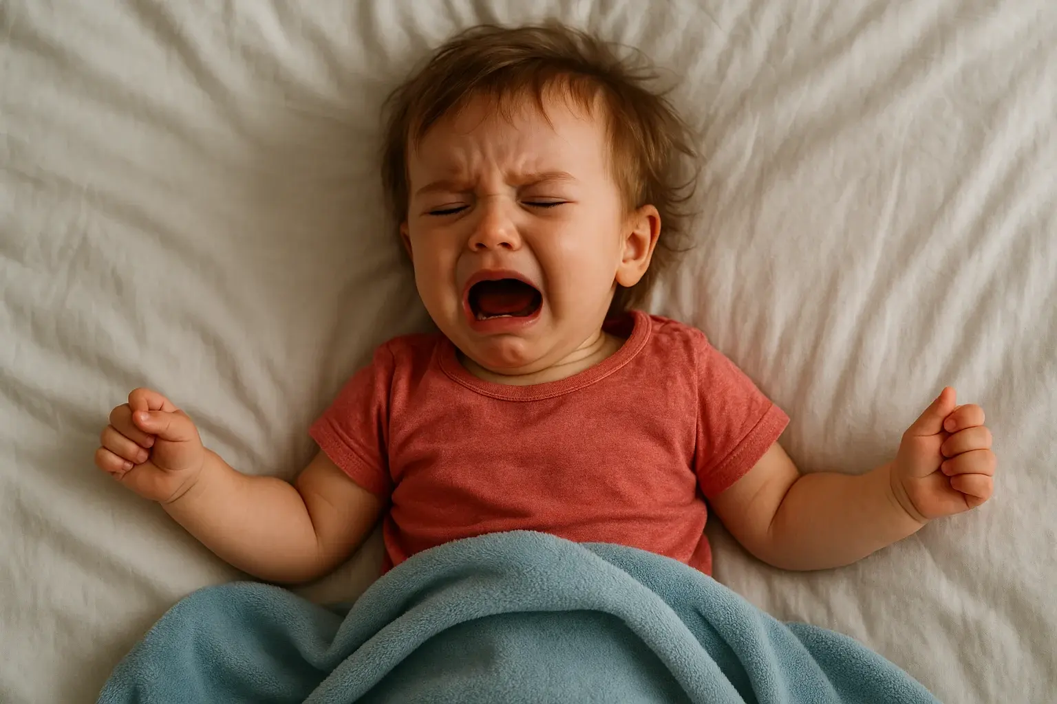 Crying toddler lying in bed during sleep regression at night, showing signs of restlessness and discomfort