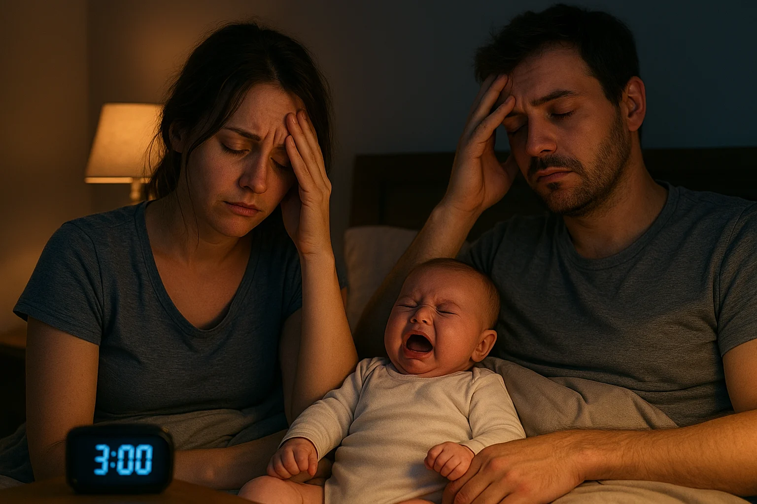 A tired mom and dad sitting on a bed at 3 AM with their crying baby, both parents holding their heads in exhaustion.