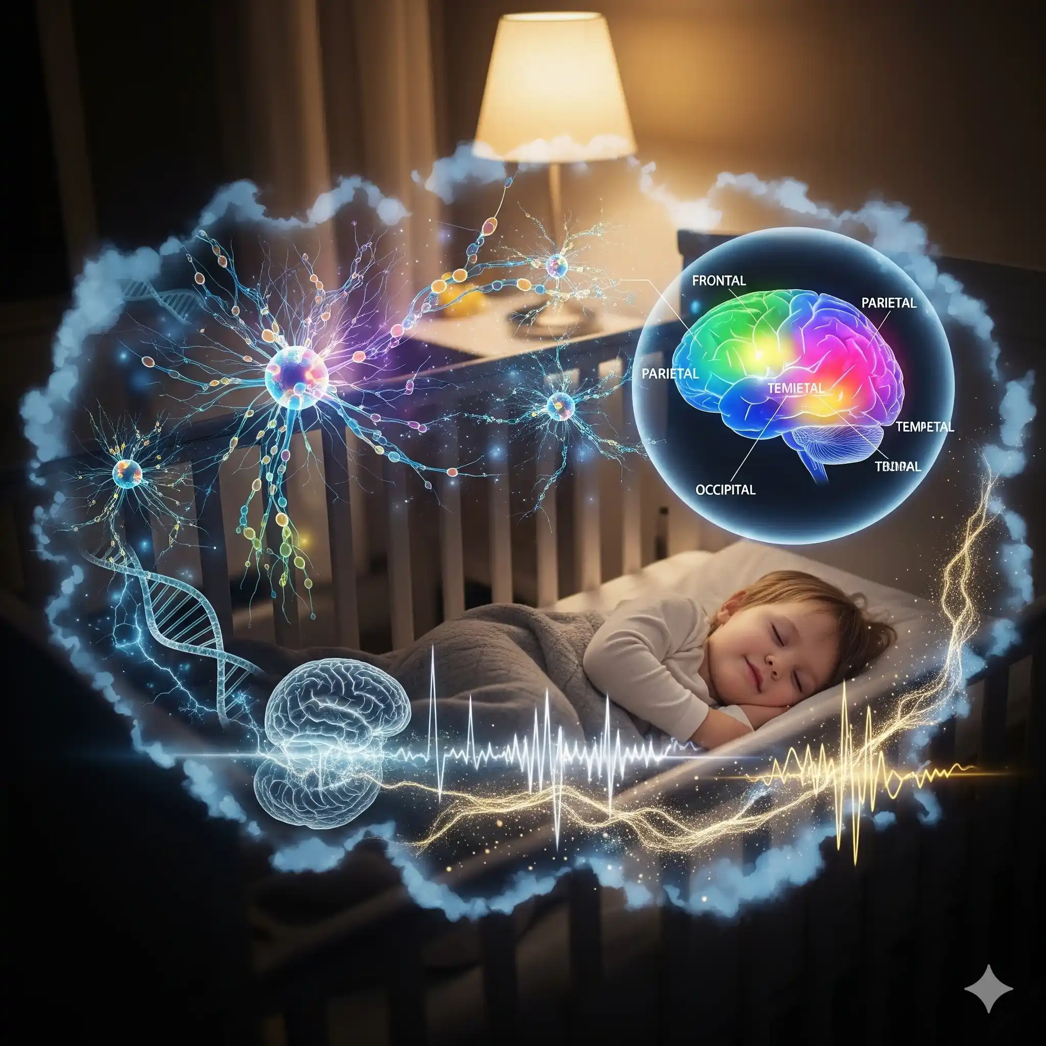 Toddler sleeping peacefully in a crib, surrounded by glowing representations of the brain, neurons, and brainwaves.