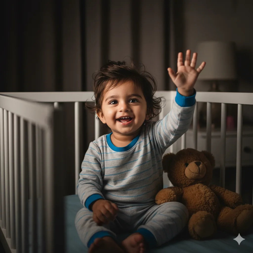 Indian toddler in a footed sleeper stands in a crib at night, smiling despite sleep regression.