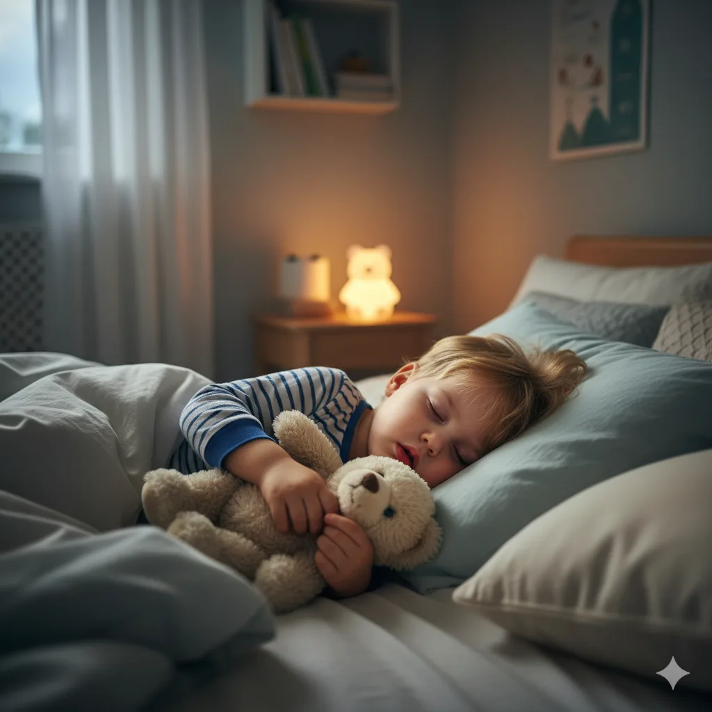 Toddler sleeping soundly with a teddy bear and soft nightlight during the 18-month sleep regression.