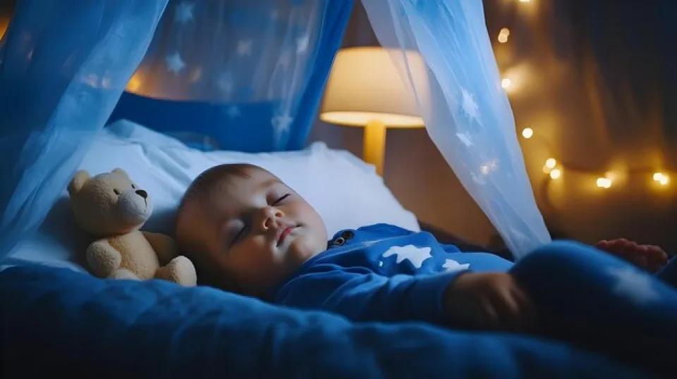 6-month-old baby in blue pajamas sleeping with a teddy bear during sleep regression