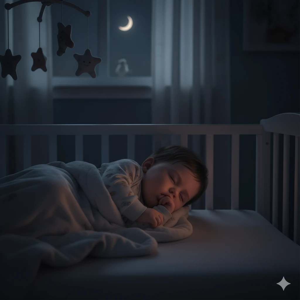 Baby peacefully sleeping on their side in a white crib at night, with a crescent moon visible through the window and a mobile hanging above.