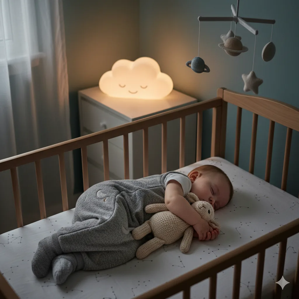 8-month-old baby sleeping peacefully in crib during 8-month sleep regression with nightlight and stuffed animal.