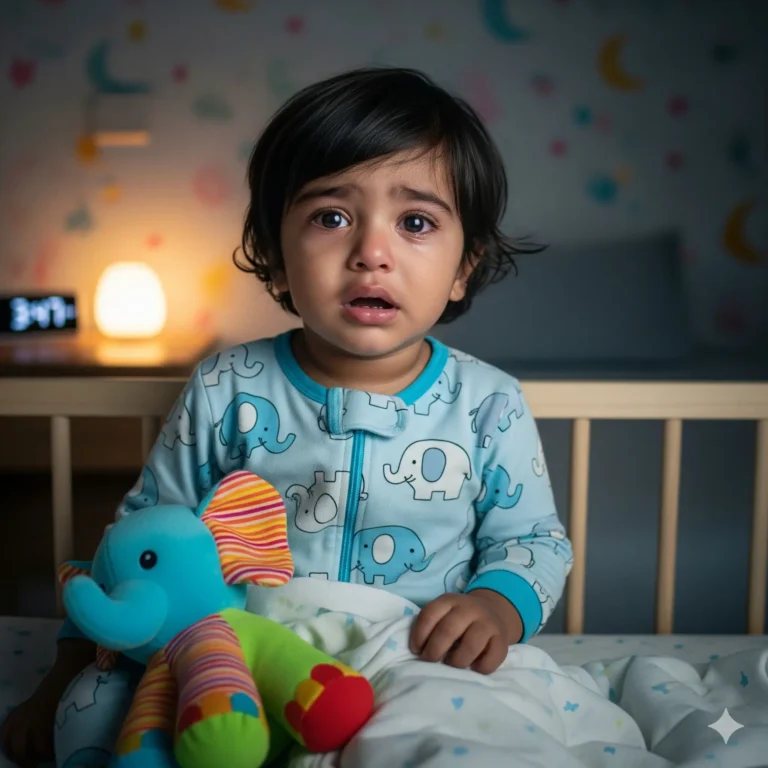 Crying toddler in blue elephant pajamas sitting in crib at night with stuffed toy.