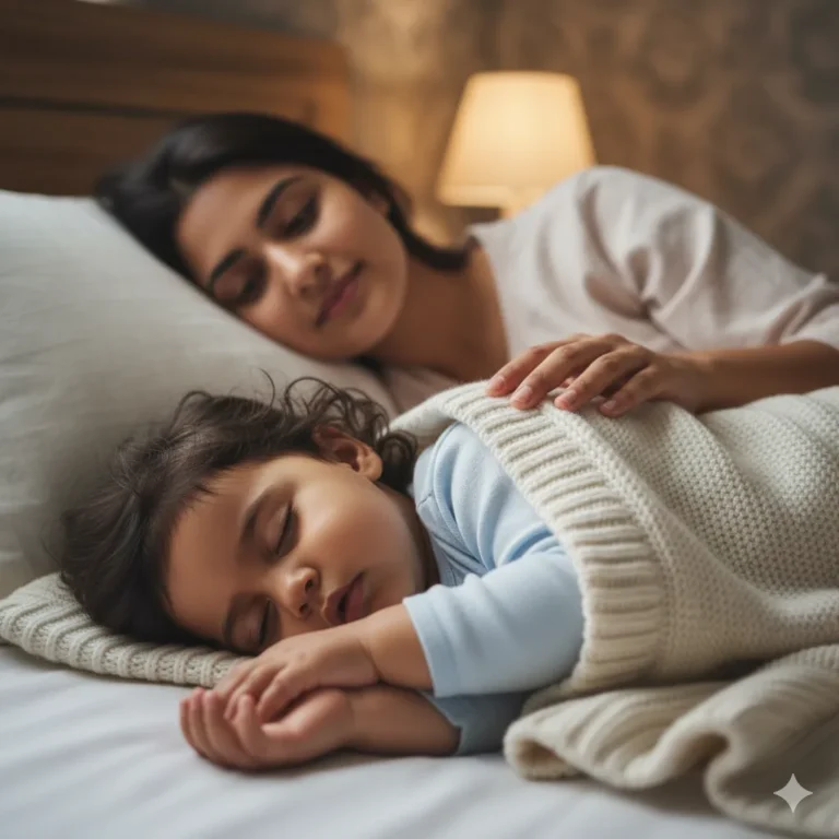 A gentle sleep training guide. A cute toddler with light hair is sleeping peacefully in a bed with a soft blanket.