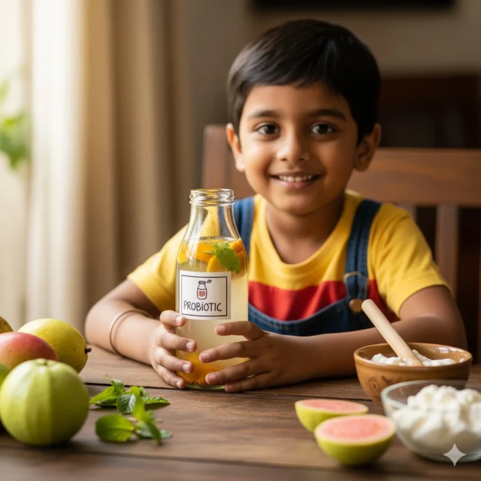 A smiling young Indian boy, wearing a yellow t-shirt and blue overalls, sits at a wooden table holding a glass bottle labeled 