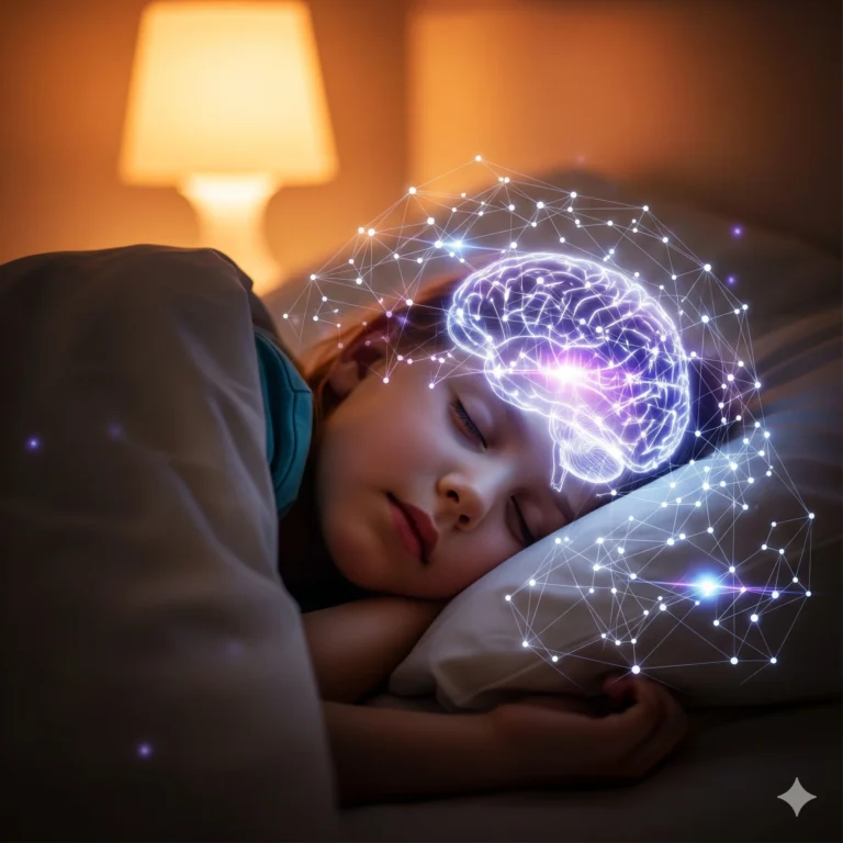 Child sleeping with glowing stylized brain above head, showing brain activity during sleep.