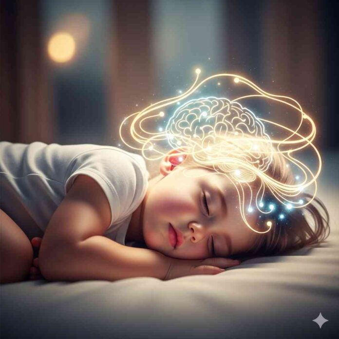 A stylized image of a sleeping child with a glowing brain graphic, representing the brain's activity during sleep.