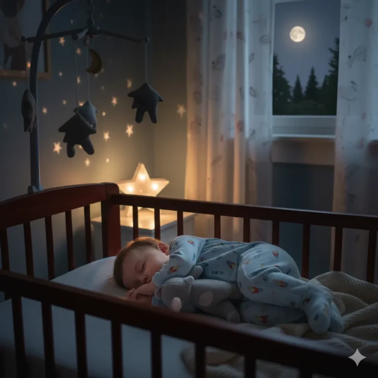 Baby sleeping soundly in a crib at night with a full moon visible through the window, a soft glowing star light,