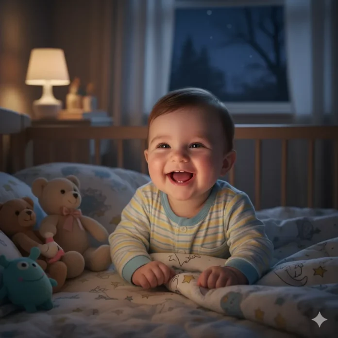 Smiling baby in crib with nightlight, representing comfort during night wakings and separation anxiety.
