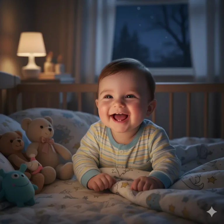 Smiling baby in crib with nightlight, representing comfort during night wakings and separation anxiety.