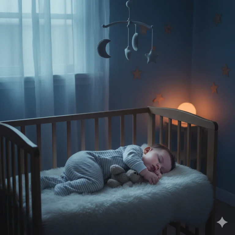 A peaceful 8-month-old baby in blue and white striped pajamas sleeping on their back in a wooden crib.