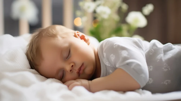 6-month-old baby sleeping peacefully in crib during sleep regression.