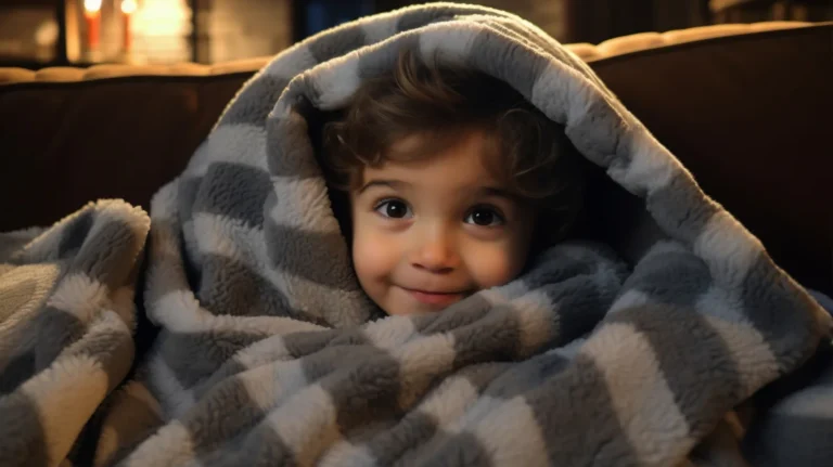 Smiling baby wrapped in a soft, striped blanket, feeling cozy during the 18-month sleep regression.
