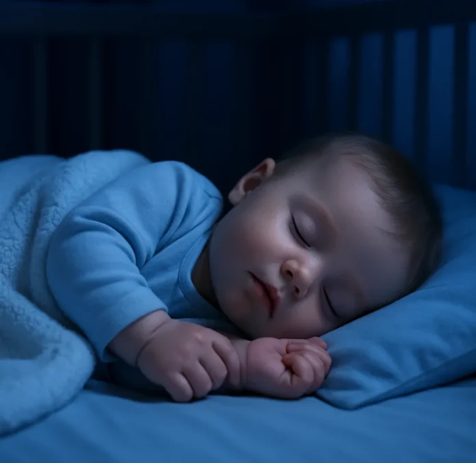 A close-up image of a baby sleeping soundly in a crib, dimly lit in a dark room. The baby is wearing a blue outfit and is partially covered by a white blanket.